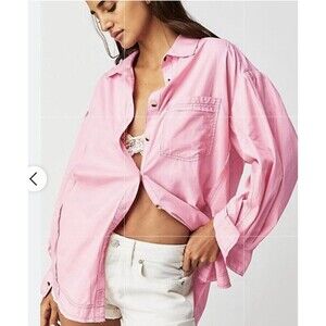 FREE PEOPLE Womens Poplin Tunic Top Button-Down Oversized Blouse Pink Small NWOT